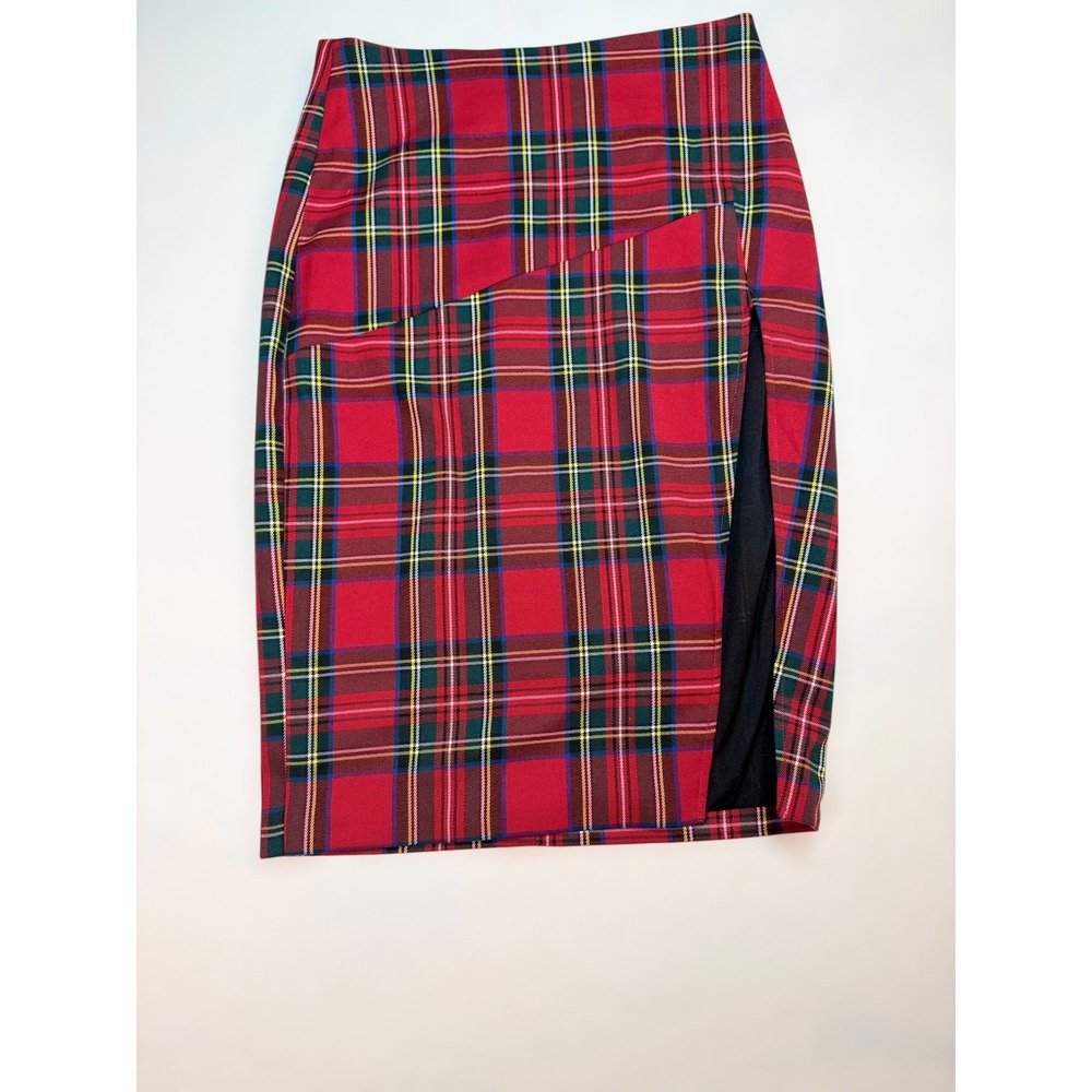 Red Tartan Plaid Pencil Preppy Academia Skirt High Waisted Side Slit Knee Length